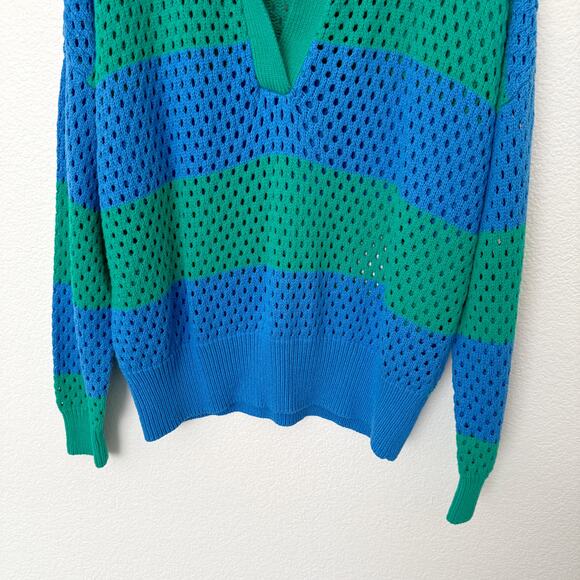 [Beach Riot] Green Blue Rugby Striped Wynn Open Knit Long Sleeve Sweater Large - Picture 7 of 11